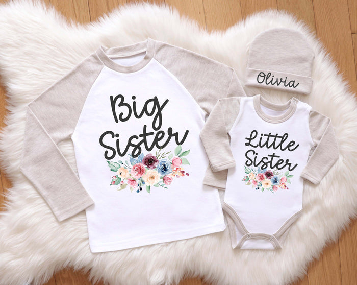 Cute Matching Beige Big Sister Little Sister Sibling Set. Little Sister Announcement.