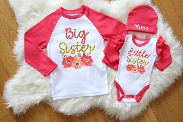 Personalized Coral Red Big/Little Sister Outfit - Flower Graphic & Glitter Shirts
