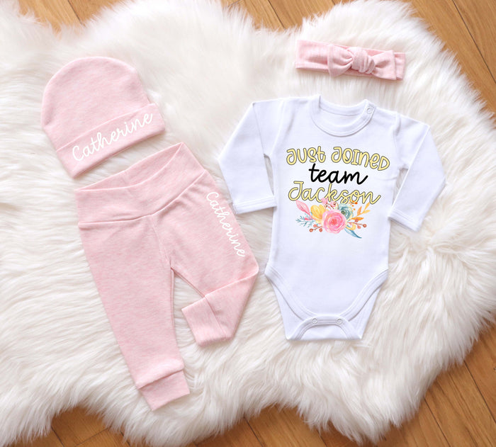 Personalized "Just Joined Team" Coming Home Outfit - Peach Bodysuit & Beanie