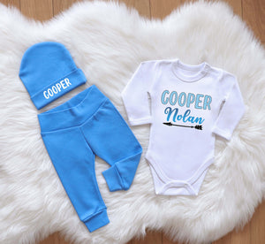 Personalized Baby Boy Outfit - Blue Newborn Set with Custom First & Middle Name