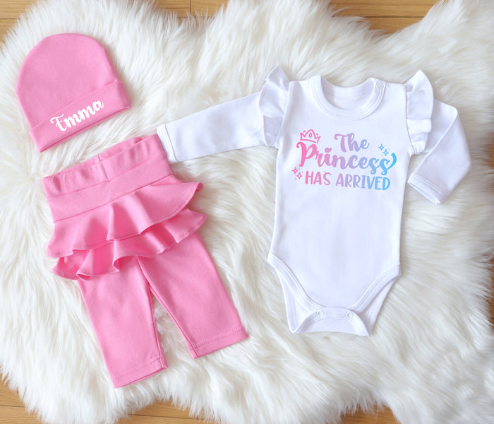 Personalized Coming Home Baby Girl Outfit - Ruffle Bodysuit, Pants & Beanie - The Princess Has Arrived