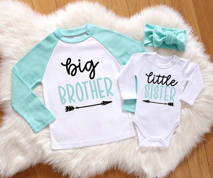 Matching Sibling Set: Big Brother Mint Raglan Shirt & Little Sister White Bodysuit with Mint Knot Headband