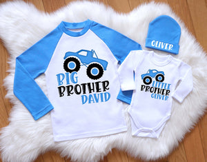 Personalized Truck Big Brother Shirt and Little Brother Bodysuit Set with Beanie"