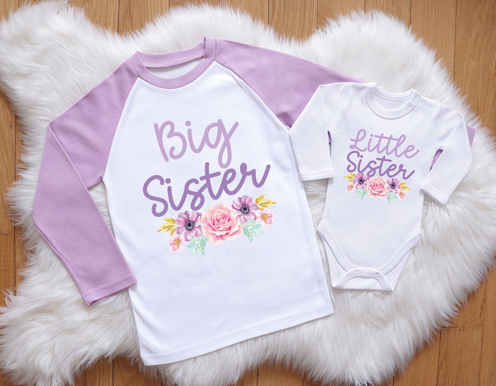 Big Sister & Little Sister Matching Set: Lilac Raglan Shirt & White Bodysuit