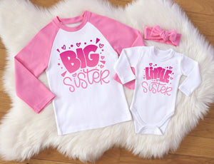 Pink Big Sister Little Sister Set - Matching Sibling Outfits with Headband