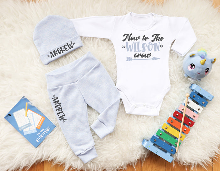 Personalized 'New to the Crew' Baby Boy Outfit with Custom Beanie and Pants
