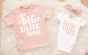matching big sister little sister personalized shirt bodysuit and headband in peach pink 