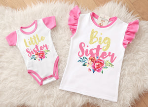 twinning big sister little sister shirts pink glitter floral print graphic